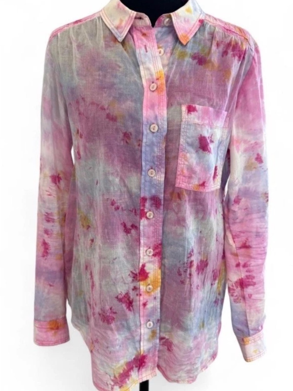 Pilcro Pastel Tie-Dye Button-Down Shirt in Pink, Blue & Yellow